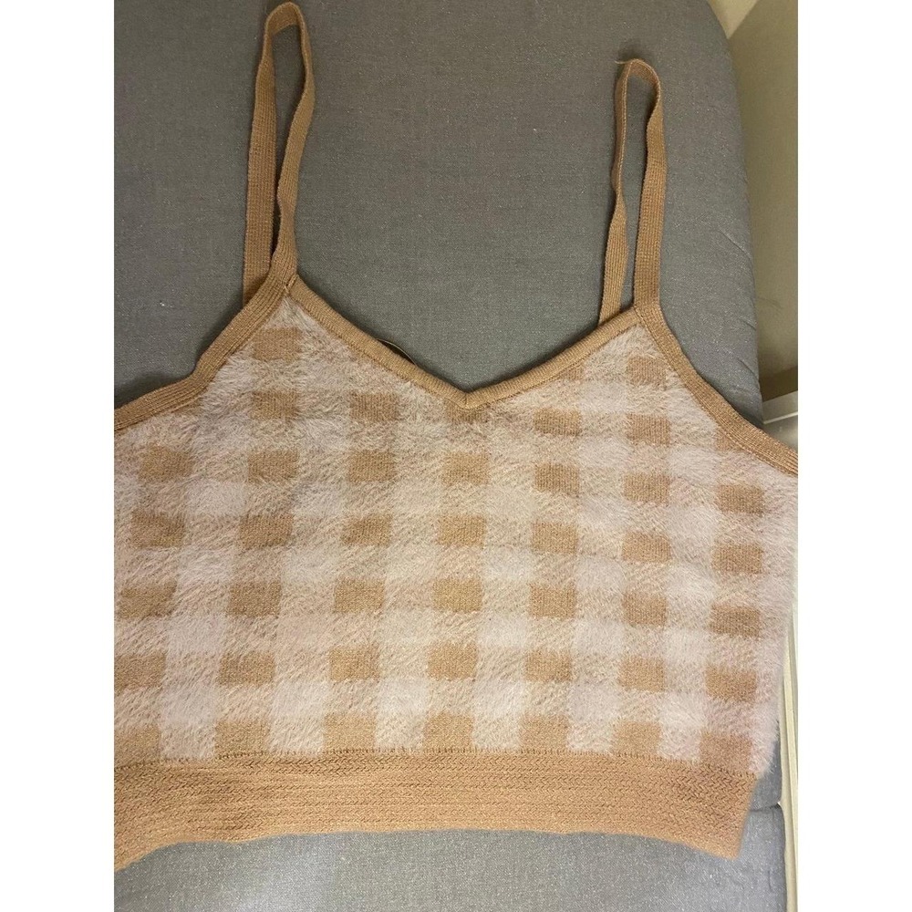 Haute Monde Plaid Top Knit Neutral Large Cami Western Spaghetti Strap Prep S4B